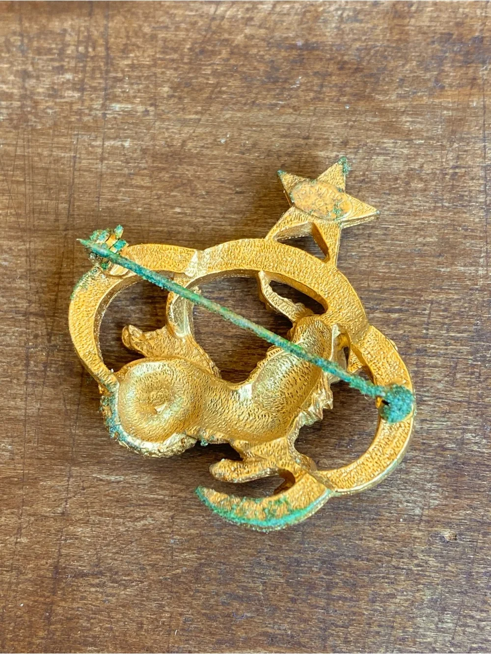 Gold-Tone Capricorn Zodiac St. Labre Brooch with Red Star Accent